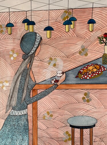 Zeichnungen mit dem Titel "Croissant café crème" von Lucie Giglio, Original-Kunstwerk, Aquarell
