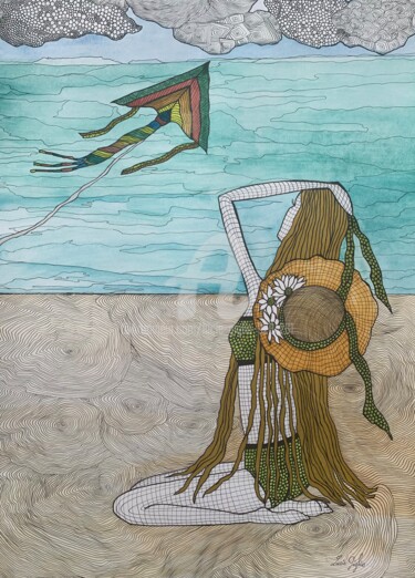 Desenho intitulada "L’exil d’un cerf-vo…" por Lucie Giglio, Obras de arte originais, Aquarela