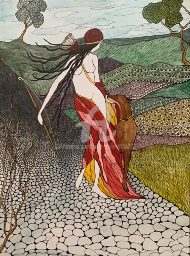 Σχέδιο με τίτλο "Le jardin de Diane »" από Lucie Giglio, Αυθεντικά έργα τέχνης, Ακουαρέλα