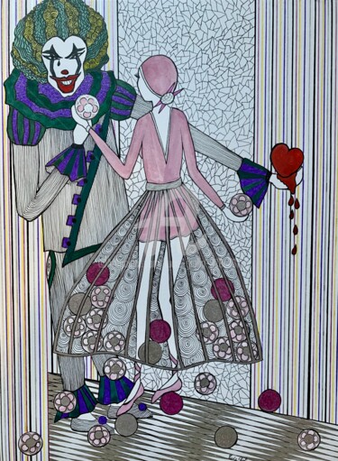 Zeichnungen mit dem Titel "Le Joker a le cœur…" von Lucie Giglio, Original-Kunstwerk, Aquarell