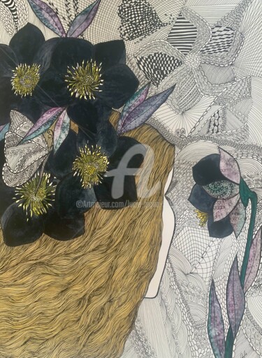Dessin intitulée "Fleurs noires aux p…" par Lucie Giglio, Œuvre d'art originale, Aquarelle