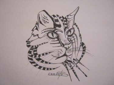 Painting titled "chat" by Scampolo, Original Artwork, Silverpoint Mounted on Aluminium