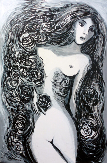 Pintura intitulada "Rose dans les roses" por Lucie Rydlova, Obras de arte originais, Acrílico