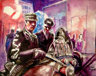 Painting titled "LES MOTARDS HARLEY-…" by Lucien Chiaselotti, Original Artwork, Watercolor