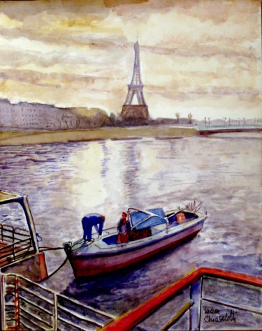 Painting titled "PARIS. Les quais in…" by Lucien Chiaselotti, Original Artwork, Watercolor