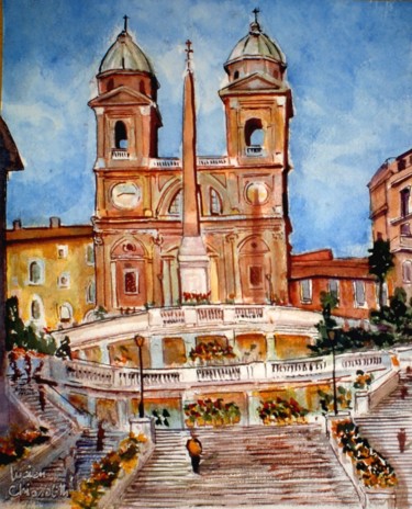 Painting titled "ROME. Place d'Espag…" by Lucien Chiaselotti, Original Artwork, Watercolor