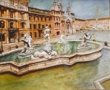 Painting titled "ROME. Place NAVONA." by Lucien Chiaselotti, Original Artwork, Watercolor