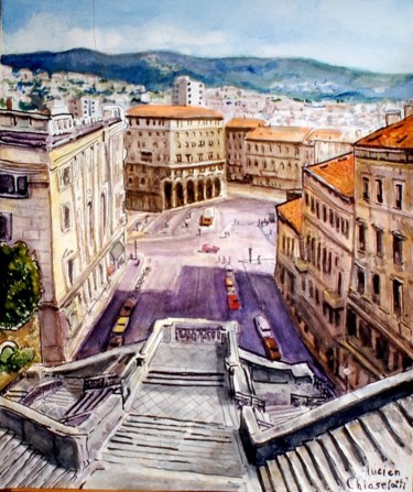 Pittura intitolato "TRIESTE. L'escalier…" da Lucien Chiaselotti, Opera d'arte originale, Acquarello