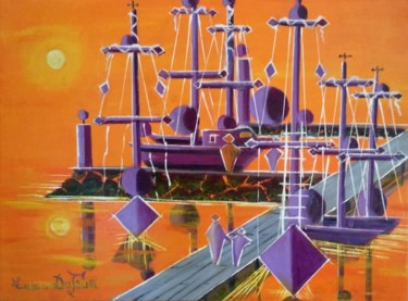 Painting titled "M28. Port imaginair…" by Lucien Dufour, Original Artwork, Oil Mounted on Wood Stretcher frame