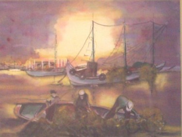 Peinture intitulée "B15 - Pêcheurs sur…" par Lucien Dufour, Œuvre d'art originale, Huile