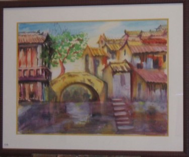 Painting titled "C16 - Village d'eau" by Lucien Dufour, Original Artwork, Watercolor Mounted on Cardboard