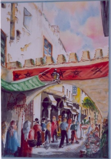 Painting titled "J3 - Rue de Meknés" by Lucien Dufour, Original Artwork, Watercolor Mounted on Cardboard