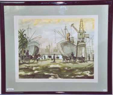 Painting titled "I2 - Port de Barcel…" by Lucien Dufour, Original Artwork, Watercolor Mounted on Cardboard