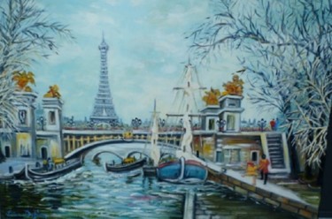 Painting titled "N9-Le pont Alexandr…" by Lucien Dufour, Original Artwork, Oil Mounted on Wood Stretcher frame