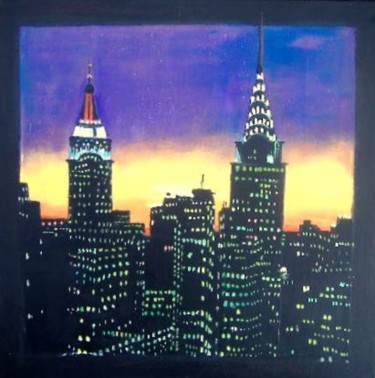 Painting titled "J6-Manhattan la nuit" by Lucien Dufour, Original Artwork, Oil Mounted on Wood Stretcher frame