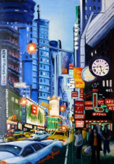 Painting titled "J12-Manhattan fond…" by Lucien Dufour, Original Artwork, Oil Mounted on Wood Stretcher frame