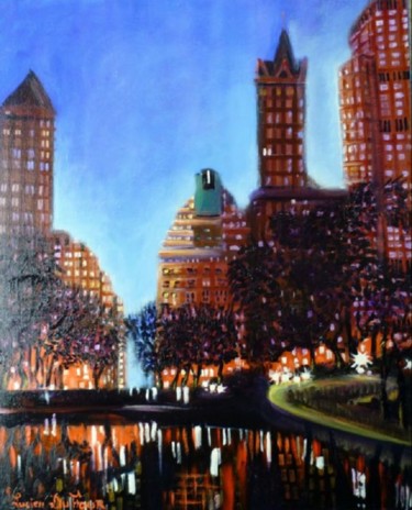 Painting titled "J15-Manhattan le so…" by Lucien Dufour, Original Artwork, Oil Mounted on Wood Stretcher frame