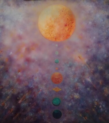 Schilderij getiteld "planeten op een rij" door Lucienne Van Sande, Origineel Kunstwerk, Olie