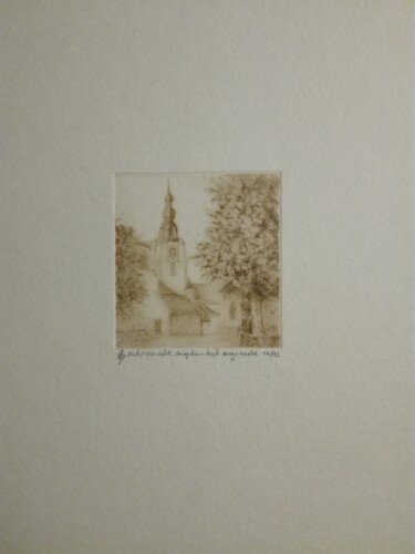 Druckgrafik mit dem Titel "mespelare-kerk-eers…" von Lucienne Van Sande, Original-Kunstwerk, Gravur