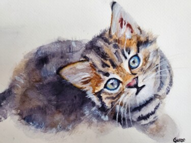 Painting titled "Kitten I" by Lucile Cherdo, Original Artwork, Watercolor