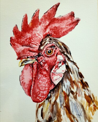 Painting titled "Coq I" by Lucile Cherdo, Original Artwork, Watercolor