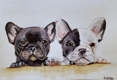 Painting titled "Bouledogues I" by Lucile Cherdo, Original Artwork, Watercolor