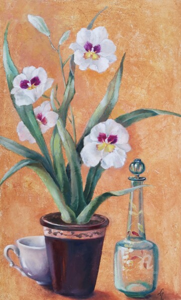 Painting titled "Orchidée" by Lucile Malbrunot, Original Artwork, Oil Mounted on Wood Stretcher frame