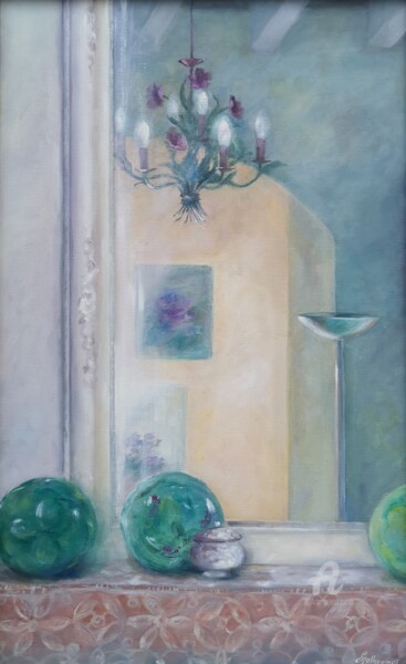 Painting titled "Intérieur serein" by Lucile Malbrunot, Original Artwork, Oil Mounted on Wood Stretcher frame