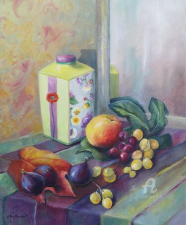 Painting titled "fruits d'automne" by Lucile Malbrunot, Original Artwork, Oil Mounted on Wood Stretcher frame