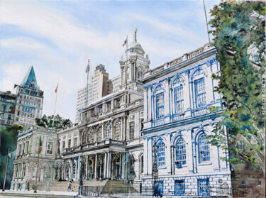 Painting titled "NY City Hall" by Lucio Forte, Original Artwork, Watercolor
