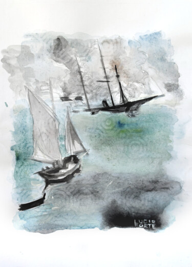 Schilderij getiteld "Battle of Kearsarge…" door Lucio Forte, Origineel Kunstwerk, Aquarel