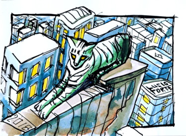 Malerei mit dem Titel "Green Cat" von Lucio Forte, Original-Kunstwerk, Aquarell