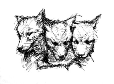 Drawing titled "Wolf Cubs" by Lucio Forte, Original Artwork, Ink