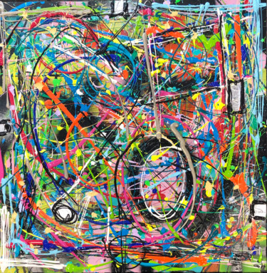 Painting titled "INTERGALACTIQUE" by Lucky, Original Artwork, Acrylic Mounted on Wood Stretcher frame