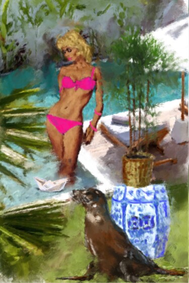Painting titled "At the Swimming pool" by Lucy Klimenko, Original Artwork, Oil