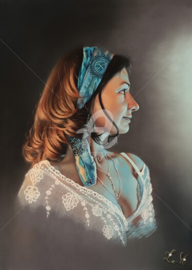Disegno intitolato "Un doux parfum bleu" da Lucy Michiels, Opera d'arte originale, Pastello Montato su artwork_cat.