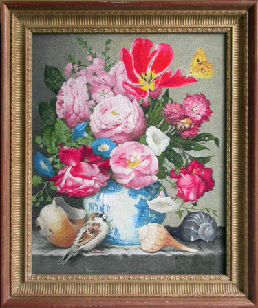 Arte têxtil intitulada "Цветы в азиатской в…" por Vyshitye Kartiny, Obras de arte originais, Bordado