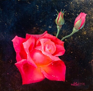 Painting titled "Rose Lumière" by Ludivine Corominas, Original Artwork, Oil