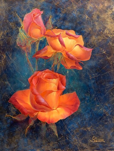 Painting titled "Roses éternelles" by Ludivine Corominas, Original Artwork, Oil
