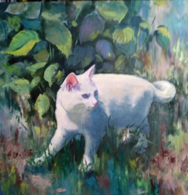 Картина под названием "Белый кот" - Людмила Бодягина, Подлинное произведение искусства, Масло
