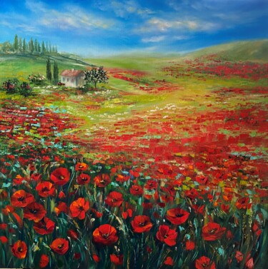 Painting titled "Poppies Infinity" by Ludmila Gorbunova, Original Artwork, Oil Mounted on Wood Stretcher frame