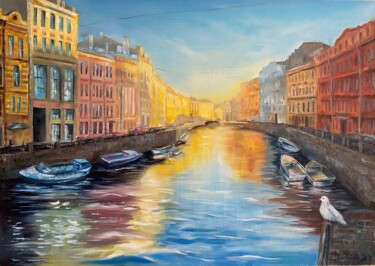 Painting titled "Daybreak over Moika…" by Ludmila Gorbunova, Original Artwork, Oil Mounted on Wood Stretcher frame