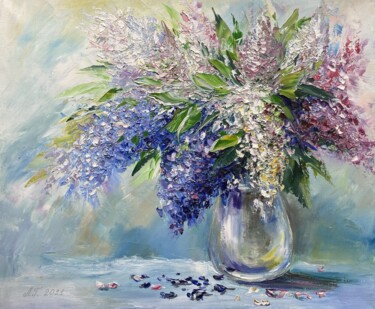 Painting titled "Blooming Lilac" by Ludmila Gorbunova, Original Artwork, Oil Mounted on Wood Stretcher frame