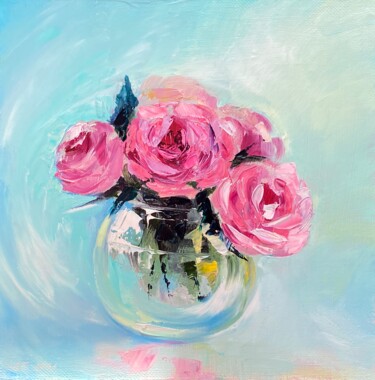 Schilderij getiteld "China Rose" door Ludmila Gorbunova, Origineel Kunstwerk, Olie Gemonteerd op Frame voor houten brancard