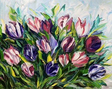Painting titled "Tulip Time" by Ludmila Gorbunova, Original Artwork, Oil Mounted on Wood Stretcher frame