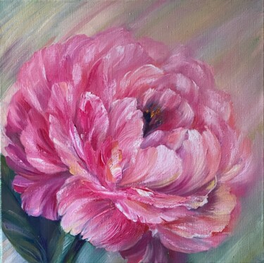 Painting titled "Charming Peony" by Ludmila Gorbunova, Original Artwork, Oil Mounted on Wood Stretcher frame