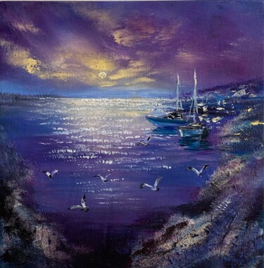 Painting titled "Silver Moonglade" by Ludmila Gorbunova, Original Artwork, Oil Mounted on Wood Panel