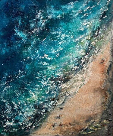 Painting titled "Sea Line" by Ludmila Gorbunova, Original Artwork, Oil Mounted on Wood Stretcher frame