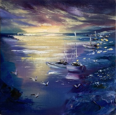 Malerei mit dem Titel "Blue Marina" von Ludmila Gorbunova, Original-Kunstwerk, Öl Auf Holzplatte montiert