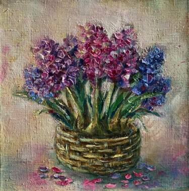 Painting titled "Bunch of Hyacinths" by Ludmila Gorbunova, Original Artwork, Oil Mounted on Wood Stretcher frame